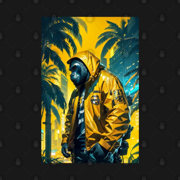 Trendy gorilla wearing yellow jacket in miami beach by TomFrontierArt