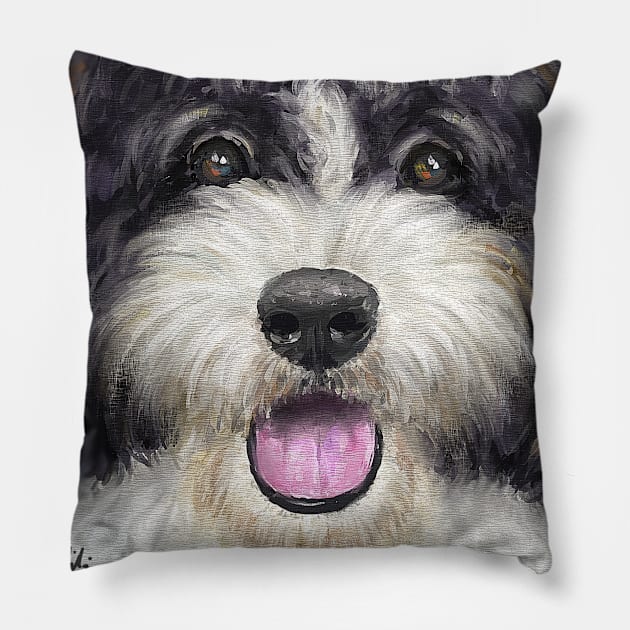 Painting of a Black and White Shih Tzu with Tongue Out Pillow by ibadishi