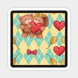 Teddy and Bunny lovely yellow blue chech Magnet