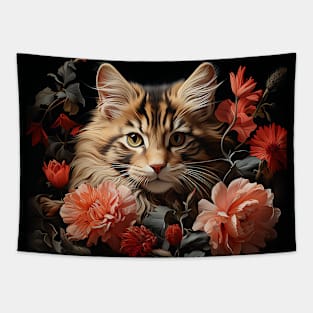 Vintage Retro Cat Floral Cottageore Aesthetic Tapestry
