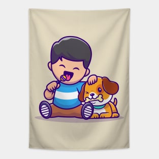 Cute Boy Eating Lollipop With Dog Eating Bone Tapestry