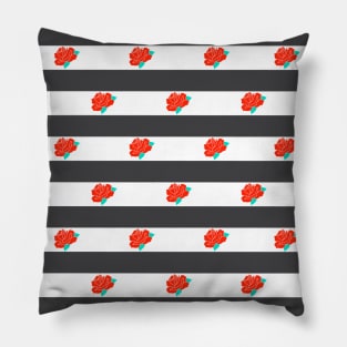 Red Rose Black and White Striped Pattern Pillow