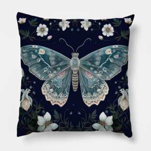 Mystical blue butterfly amidst art nouveau blossoms Pillow