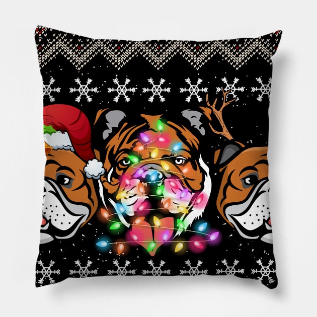 Funny Christmas English Mastiff Gift Lights Santa Hat Three Dogs Pillow by thuden1738