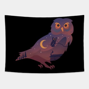 Owl Design with Nature Double Exposure for Animal Lovers Tapestry