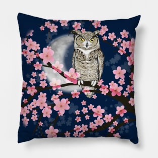 Great horned owl in a blossom tree Pillow