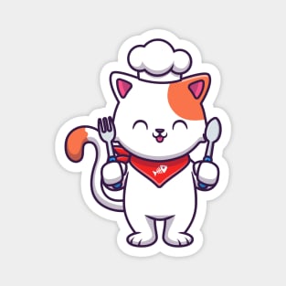 Cute Cat Chef Holding Fork And Spoon Magnet