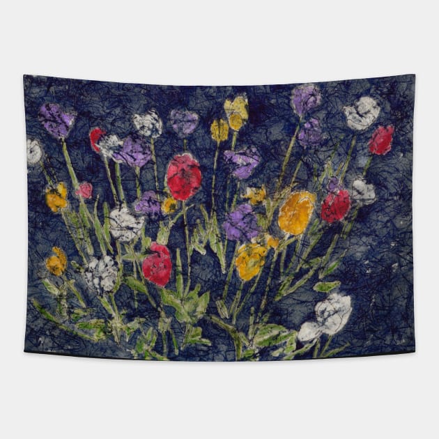 Colorful Red White Purple Yellow Tulips in Watercolor Batik Tapestry by ConniSchaf
