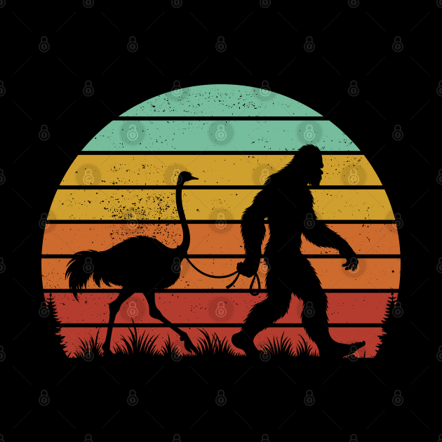 Bigfoot Sasquatch Walking An Ostrich Vintage Sunset Bird Lover by Cuteness Klub