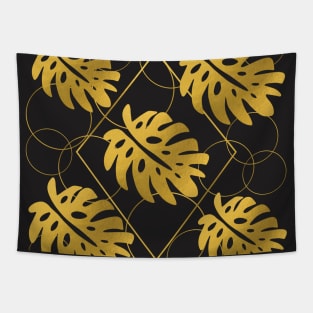 Golden Monstera Leaves Pattern on Black Tapestry