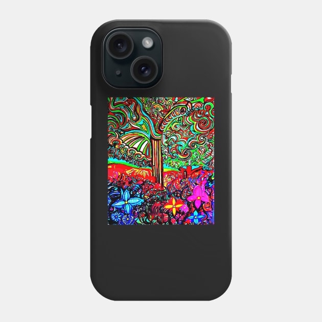 Colourful, abstract tree and vibrant flowers Phone Case by heartyARTworks