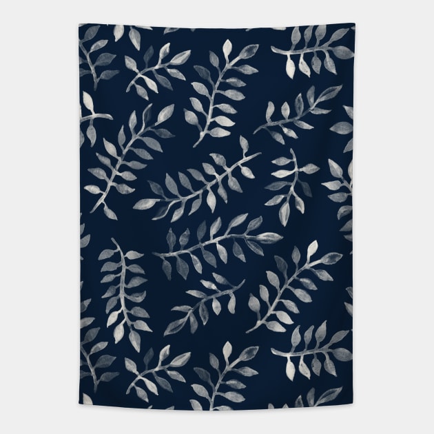 White Leaves on Navy - a hand painted pattern Tapestry by micklyn