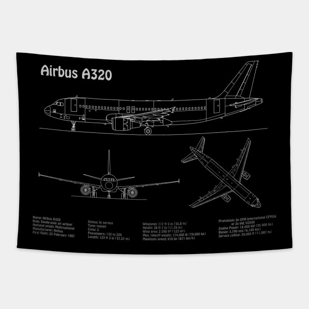 Airbus a320 Airplane Blueprint Plan - PDpng Tapestry by SPJE Illustration Photography