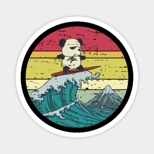 Funny Cute Surfing Panda Great Wave Retro Sunset  Distressed Vintage Rainbow Colors Magnet