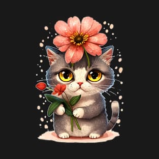 Kawaii Cute Fluffy Elegance: Cat Cuteness Meets Flower Power T-Shirt