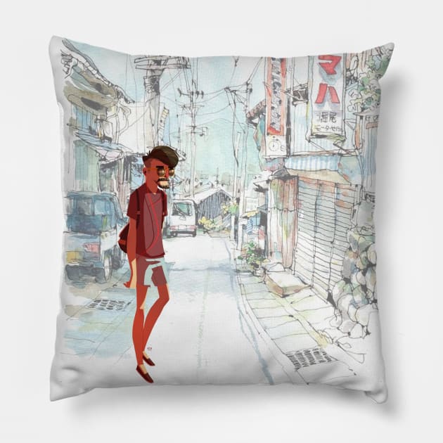 Cool guy with shades crosing road Pillow by adityawagaskar