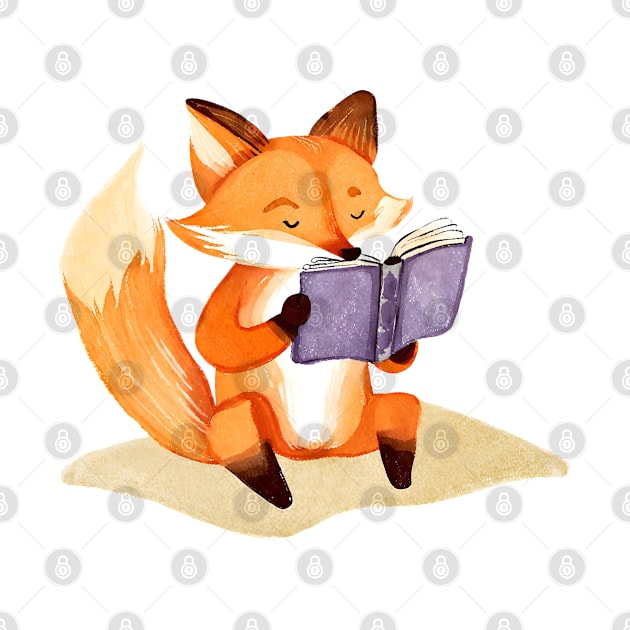 Cute Watercolor Fox Reading a Book by FarmOfCuties