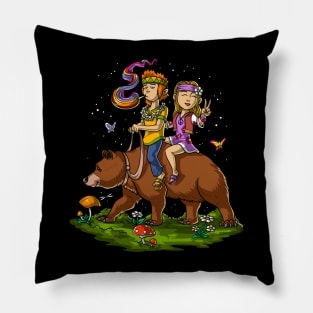 Hippies Riding Bear Festival Pillow