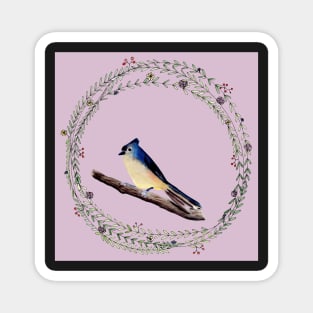 Little bird with wreath and lilac colored background Magnet