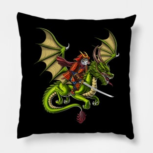 Japanese Samurai Cat Riding Dragon Pillow