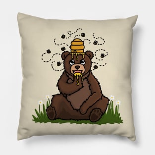 Happy Bear covered in Honey with a Beehive on his head. Pillow