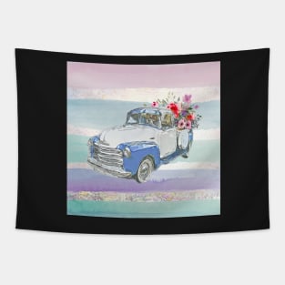 Farmhouse Style Spring Watercolor Flowers Pickup Truck Tapestry