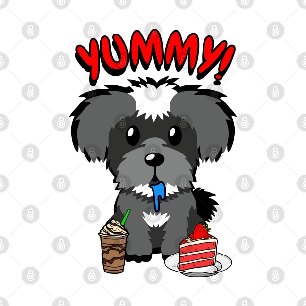 Cute schnauzer dog is having coffee and cake by Pet Station
