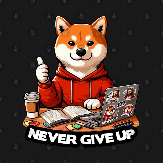 Never Give Up Shiba Inu Dog Laptop Homework Hardworking Study Hard by Plushism