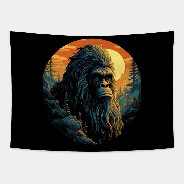 Vintage Retro Sunset Bigfoot Tapestry by AI Art Originals