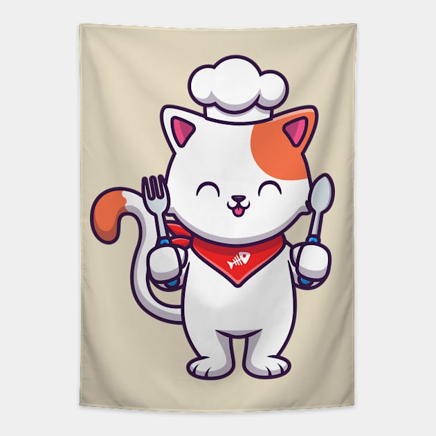 Cute Cat Chef Holding Fork And Spoon Tapestry by Catalyst Labs