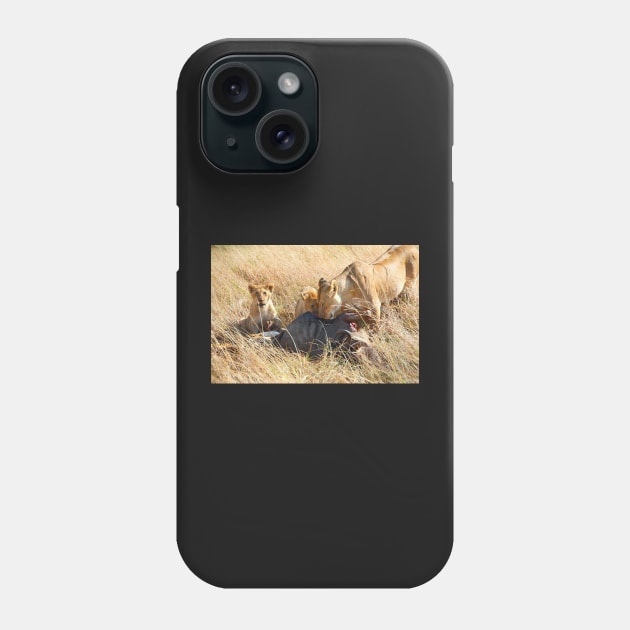 Lioness  & her Cubs at a Wildebeest Kill, Maasai Mara, Kenya Phone Case by Carole-Anne