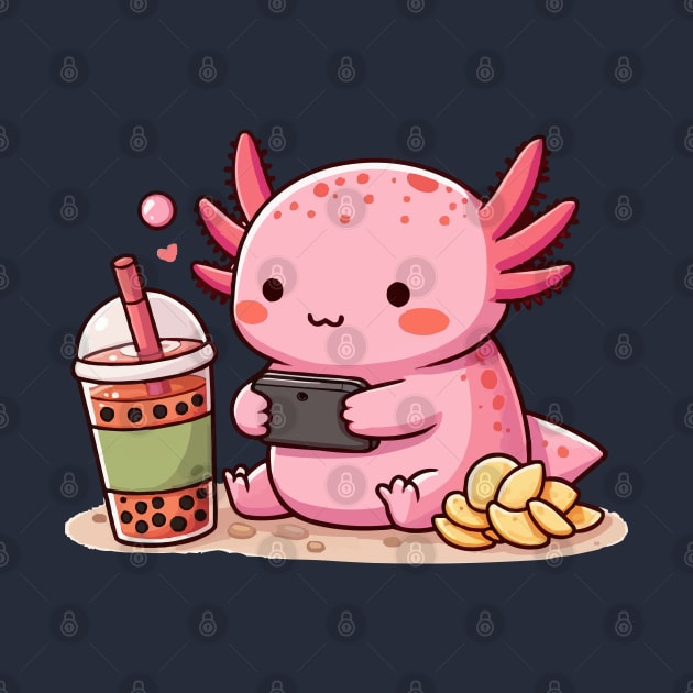 cute axolotl enjoying games and boba by fikriamrullah