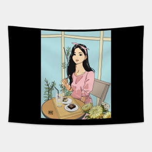 Kawaii Girl in cafe Tapestry