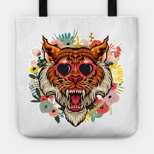 Tiger with Heart Sunglasses in a Flower Wreath Tote