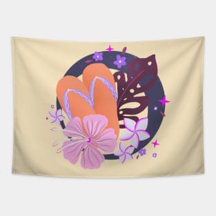 Purple and orange tropical flip flops badge Tapestry