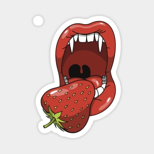 Mouth with vampire teeth about to take a bite into a strawberry Magnet