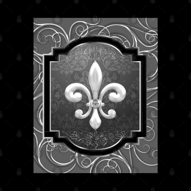 Fleur De Lis On Silver Swirls Mug,coffee mug,t-shirt,sticker,tote,bag,apparel,magnet,pin,hoodie,pillow by All Thumbs