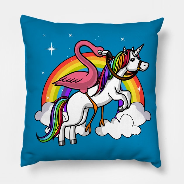 Flamingo Riding Unicorn Rainbow Pillow by underheaven