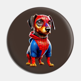 Canine Crusader: Dachshund in Webbed Superhero Suit Tee Pin