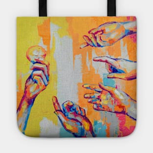 Hands - oil painting. The picture depicts a metaphor for teamwork. Tote