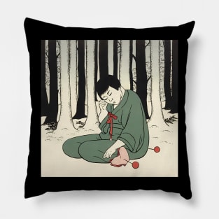 Anime style man sitting in forest Pillow