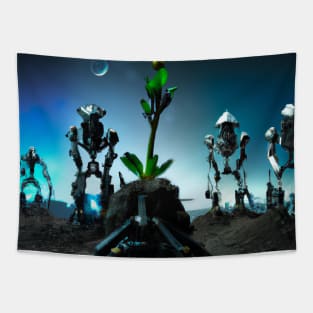 Cyberpunk robotic soldiers on destroyed earth Tapestry