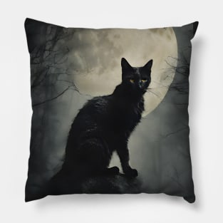 Black Cat in the Mysterious Forest Vintage Pillow