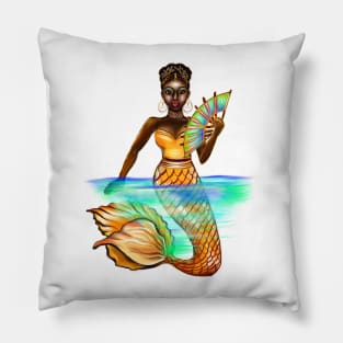 mermaid with gold scales and fan, brown eyes curly Afro hair and dark brown skin. Black mermaids Pillow