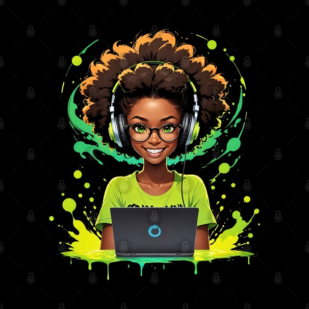 Melanin Gamer teacher pupil student headphones comic retro by Neon City Bazaar