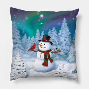 Happy Christmas Snowman and Birds Pillow