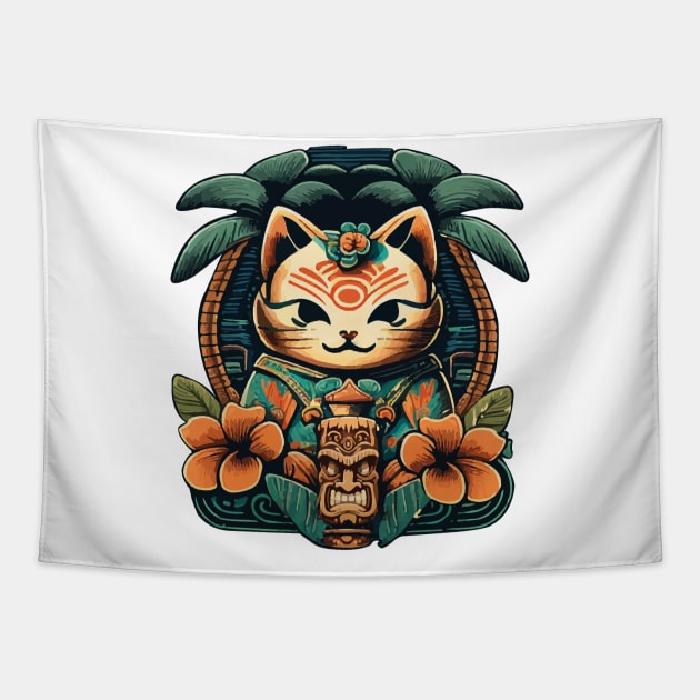 Japanese Cat Aloha Vibes Tapestry by Kona Cat Creationz