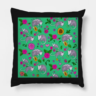 Trash Royalty Possum Floral Print in Spring Green Forbidden Cats Floral Pillow