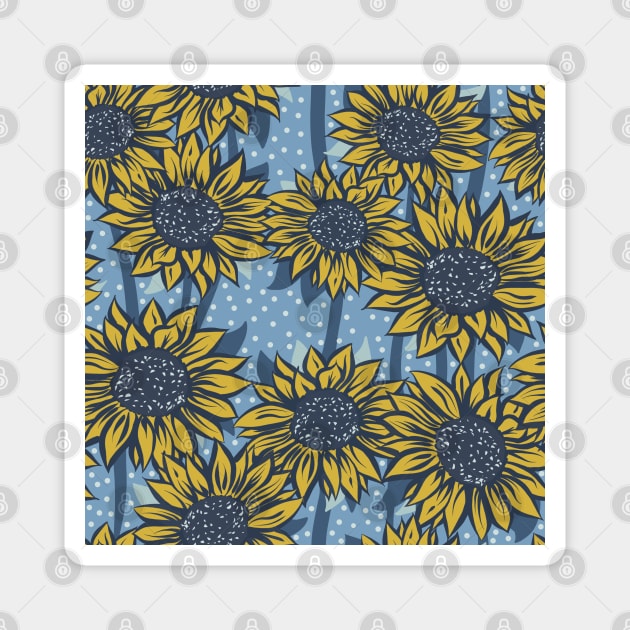 Blue and Yellow Sunflowers on a Blue Background with Polka Dots Repeat Pattern Magnet by NattyDesigns