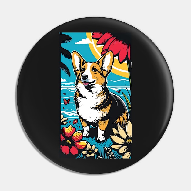 Corgi Dog Vibrant Tropical Flower Tall Retro Vintage Digital Pop Art Portrait 2 Pin by ArtHouseFlunky